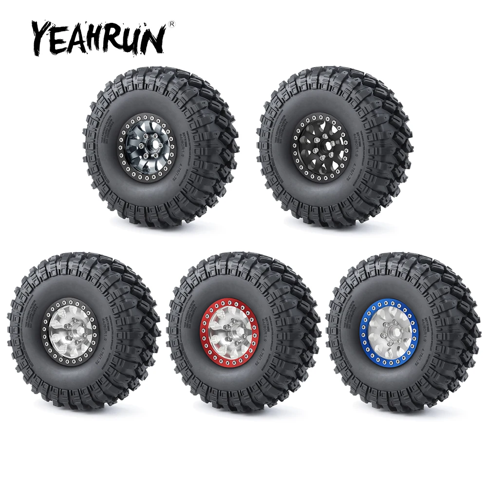 YEAHRUN 4Pcs 1.9 inch Beadlock Aluminum Alloy Wheel Rims Hubs Rubber Tires Set for Axial SCX10 TRX-4 1/10 RC Crawler Car Model