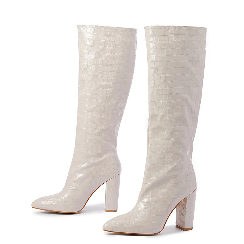 2023 Pointed Toe Chunky Over-the-knee Boots Lychee Pattern High-heeled Boots Fashion Same pointed thick heeled knee length