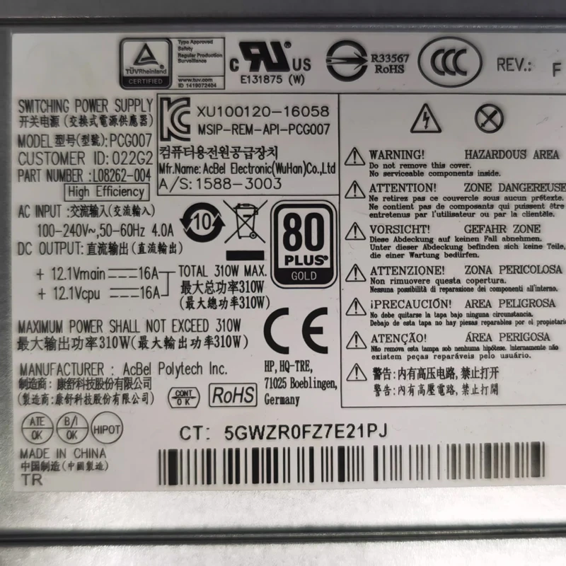 L08262-002 L08262-004 PCG007 Original PSU For HP 280 282 288 400 G3 G4 G5 G6 310W Power Supply