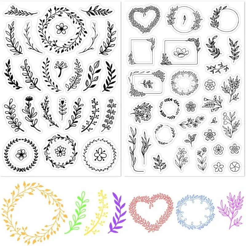 2pcs Olive Leaf Wreath Clear Rubber Stamps Flowers Flame Vintage Reusable Transparent Silicone Stamp Seals for Journaling Card