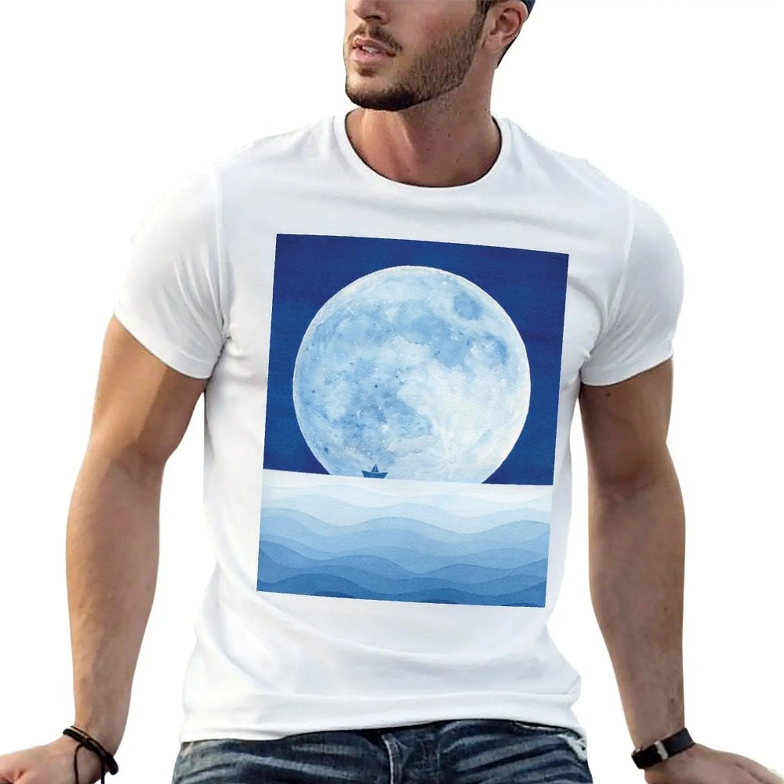 

Full moon & paper boat T-Shirt t shirts for man cotton soft man t shirt graphic t shirt man cotton T-shirt