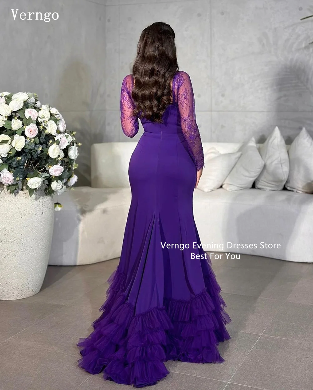 Verngo Purple Crepe Evening Dress Sweetheart Full Sleeves Prom Dress Mermaid Elegant Saudi Arabic Prom Party Dresses