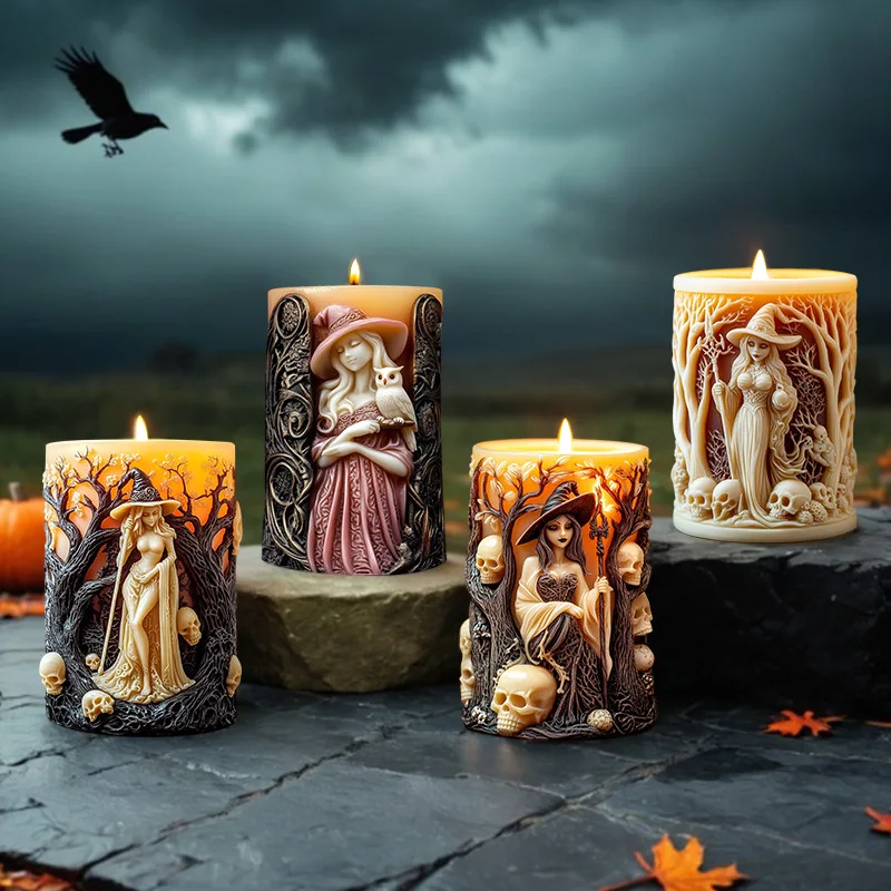 

Halloween Witch Cylinderical Candle Silicone Mold DIY Sorceress Portrait Plaster Candle Making Resin Mould Halloween Decor Gifts