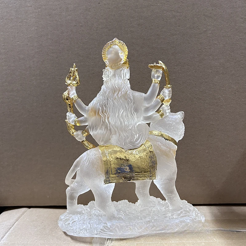 Indian Statue of Difficult To Approach Mother Durga Riding A Tiger and Lion Offering Resin Water Glass Ornament