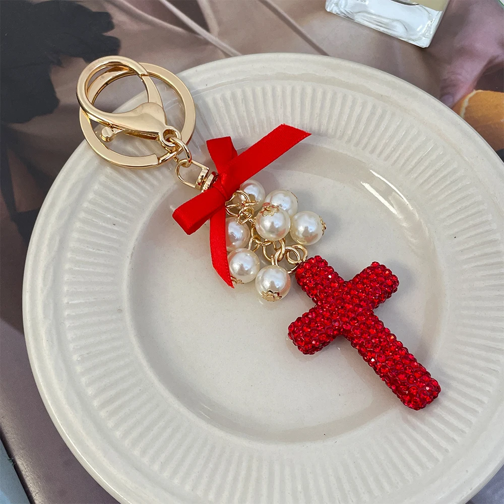 Cross Keychain Crystal Rhinestone Pearls Bow Key Ring Women\'s Bag Pendant Souvenir Gift