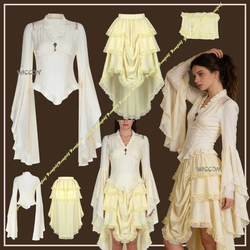 

Retro short skirts Cosplay Costumes Lace Hemlines Medieval-style Vintage Stage V-neck Patch Collared Blouse A-Line Flared Sleeve