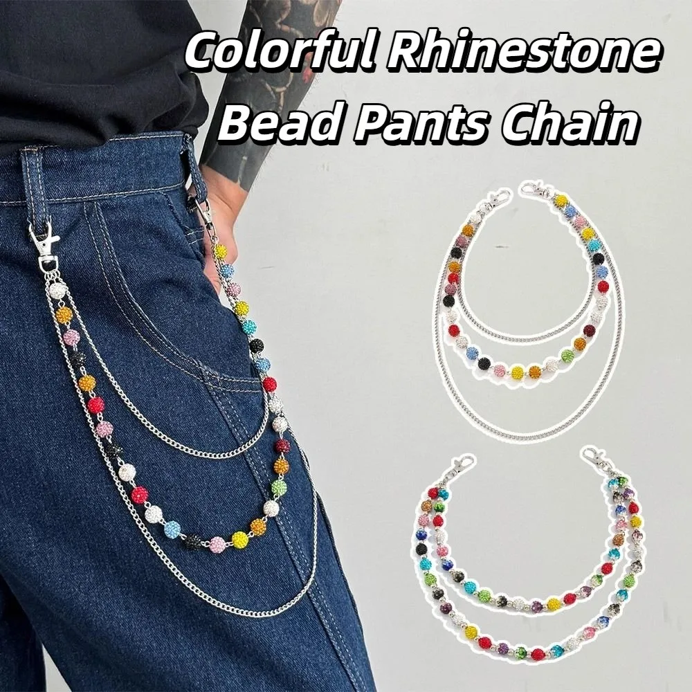 Retro Jeans Chain Colorful Rhinestone Bead Waist Chain Gothic Zinc Alloy Punk Belt Chain Bag Chain Beads Pants Chain Male