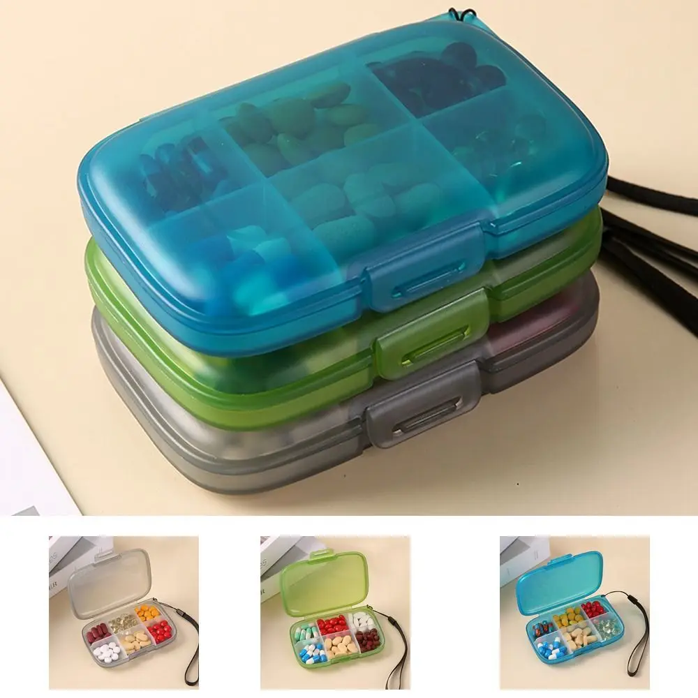 Portable Plastic 6 Grids Pill Box Small Sealed Pill Storage Organizer with String Dust-proof Weekly Medicine Holder Travel