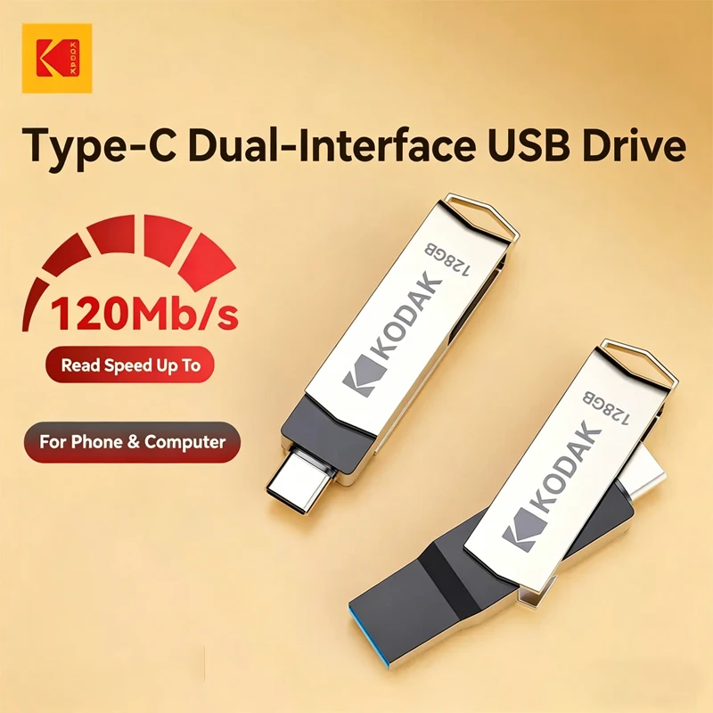 pen-drive-kodak-k273-usb-32-tipo-c-dual-metal-256gb-128gb-64gb-32gb-alta-velocidade-120mb-s-para-telefone-e-laptop