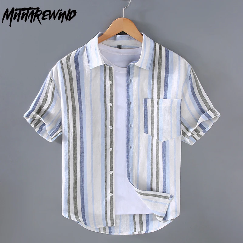 100% Linen Shirts for Men Summer Beach Causal New Male Shirts Pocket Short Sleeve Striped Shirt Daily Breathable Top Loose Shirt