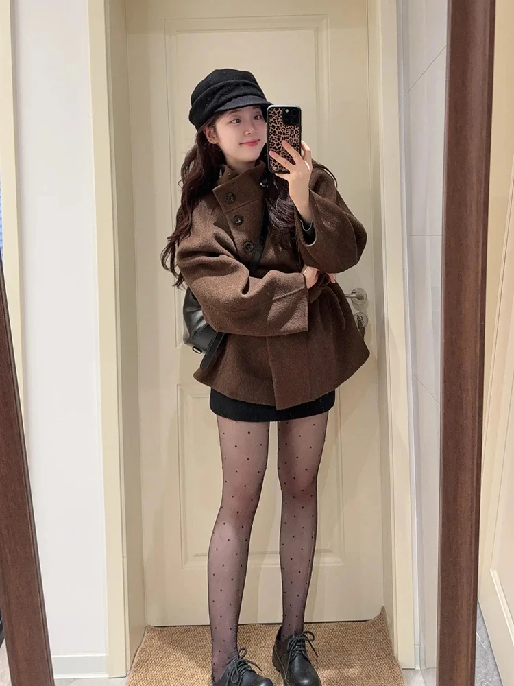 

Korean Sle Vintage High-End Woolen Coat Women Winter New Belted Waist Slimming Coat Long Sve Regular Length Polyester Fiber