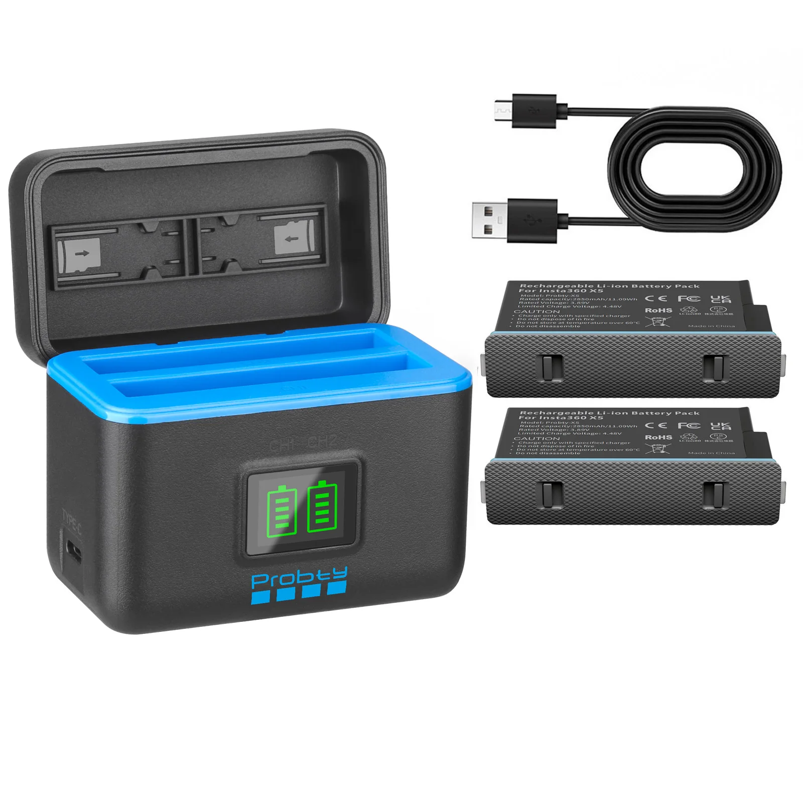For Insta 360 X5 2850mAh Replacement Battery 2 Card Slot Type-C Battery Charging Box for Insta360 X5 Dual Charger Slots Hub