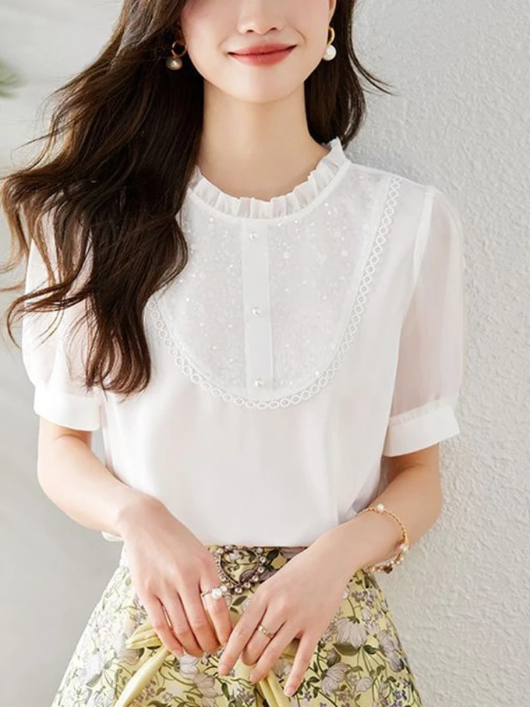 

Elegant Solid Color Summer Loose Blouse Women Short Sleeve Fungus Side O-collar Pearl Button Decoration Pullover Shirt 2024 N258