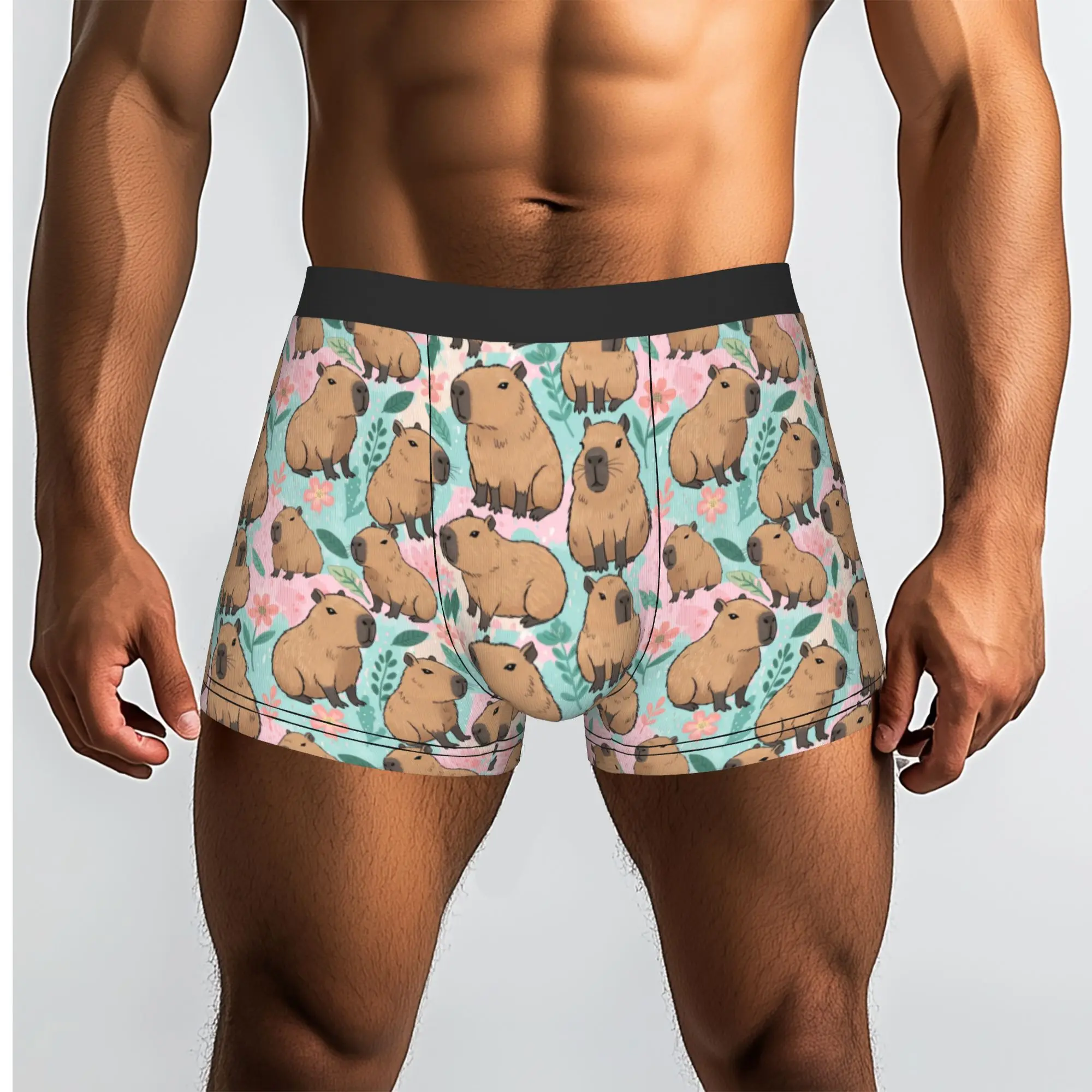 Custom Fashion Cute Capybara Floral Pattern Boxers Shorts Panties Men's Underpants Breathable  Briefs Underwear