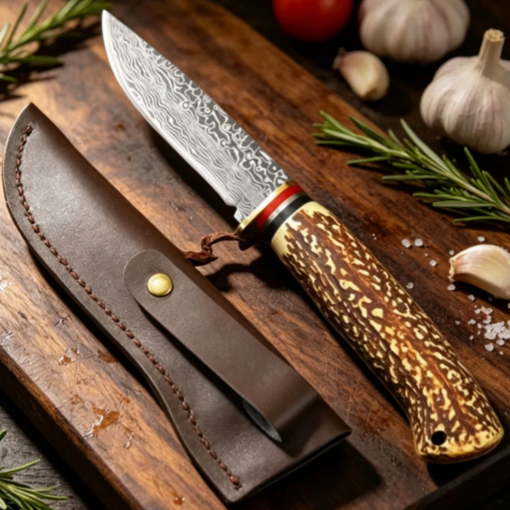 Damascus Pattern Fruit Knife Sharp Stainless Steel Small Knife For Meat Cutting High Hardness Pocket Knife With Knife Sleeve