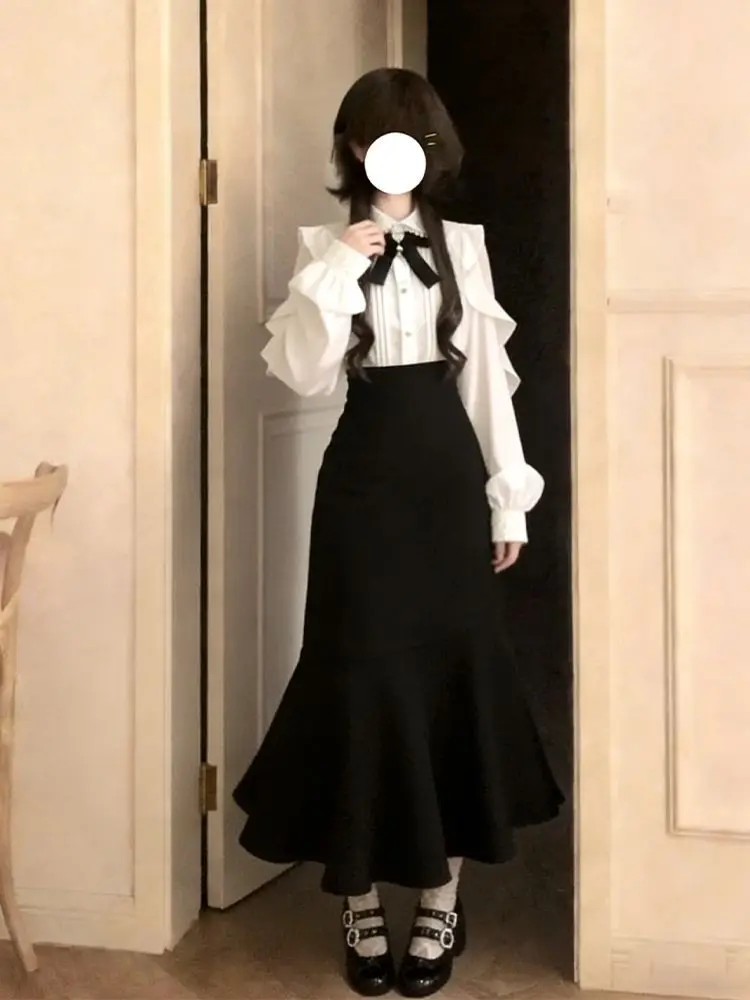 Coalfell Palace Style Elegant Sweet Ruffled Shirt + High Waist Black Fishtail Skirt Gentle and Thin Two-piece Skirt Sets