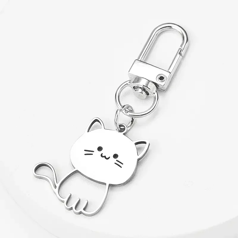 1pc Silvery Cute Cat Keychain Cartoon Animal Stainless Steel Keyring Backpack Hanging Pendant Bag Charms Gifts Women daily use