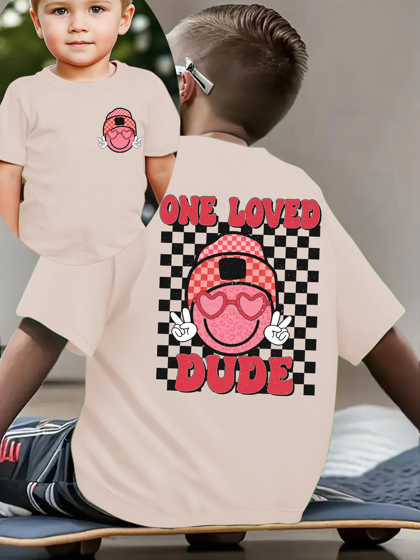 NY‑DX7431‑Boys‑Valentine‑ONE‑LOVED‑DUDE‑Checkered‑Hat‑Heart‑Glasses‑Double‑Sided‑Print‑Crew‑Neck‑Short‑Sleeve‑Kids‑T‑Shirt