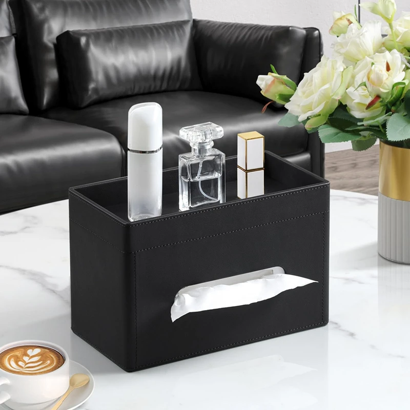 Plus Size Tissue Box Cover Rectangle, PU Leather Tissue Box Holder With Storage Tray, Organizer Tissue Holder