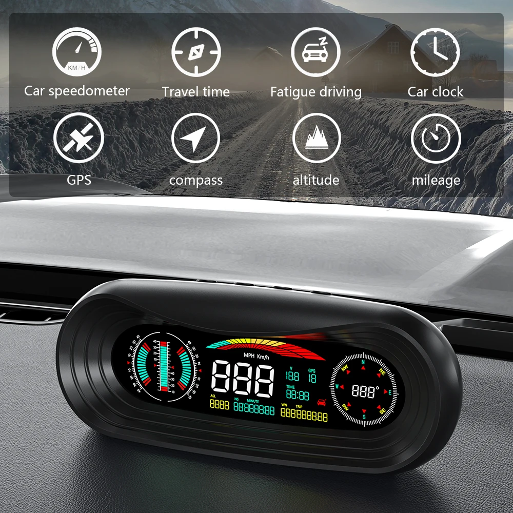 WYING P18 GPS HUD Car Tilt Angle Head Up Display LCD Digital Altitude Vehicle Speed Mileage Time Latitude Longitude Projector