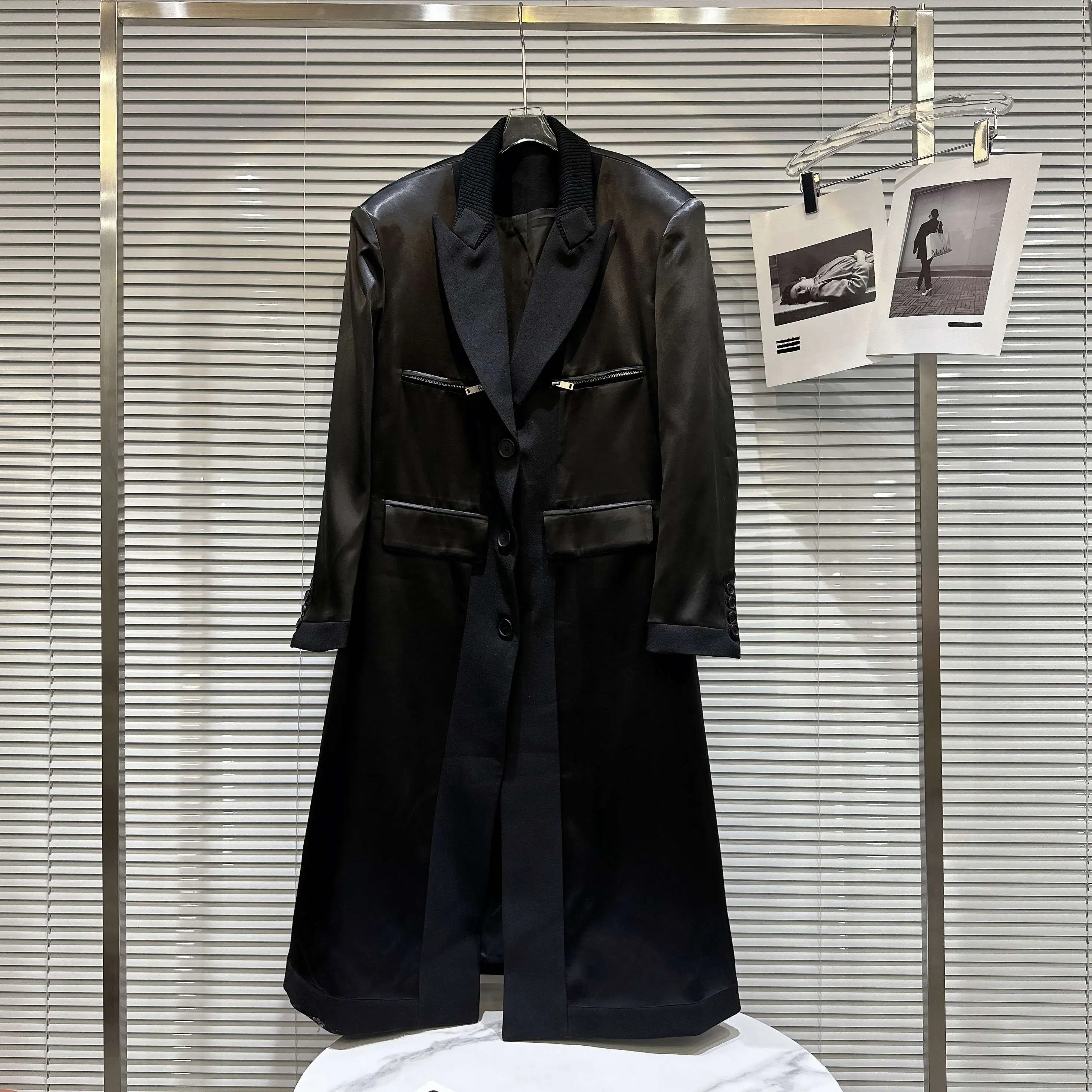 

Street Sle Long Sve Metal Zipper Cotton Blend Satin Face Outerwear Jaet Autumn New Arrival Faion Trendy Long Coat