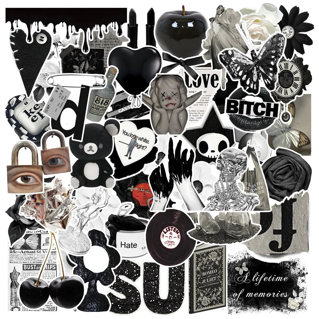 50 buah hitam dan putih pusat kota anak perempuan estetika Y2K stiker DIY buku tempel telepon bagasi Skateboard stiker tahan air