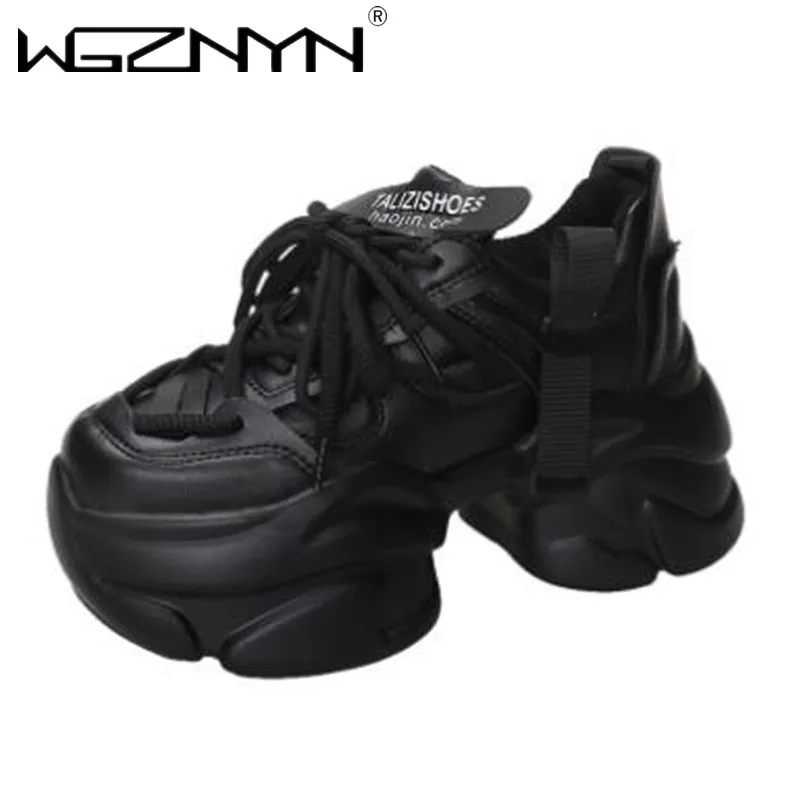 NEW Autumn Chunky Sneakers for Women 2024 Winter 8CM Heels Platform Sports Breathable Leather Shoes Woman Thick Bottom Dad Shoes