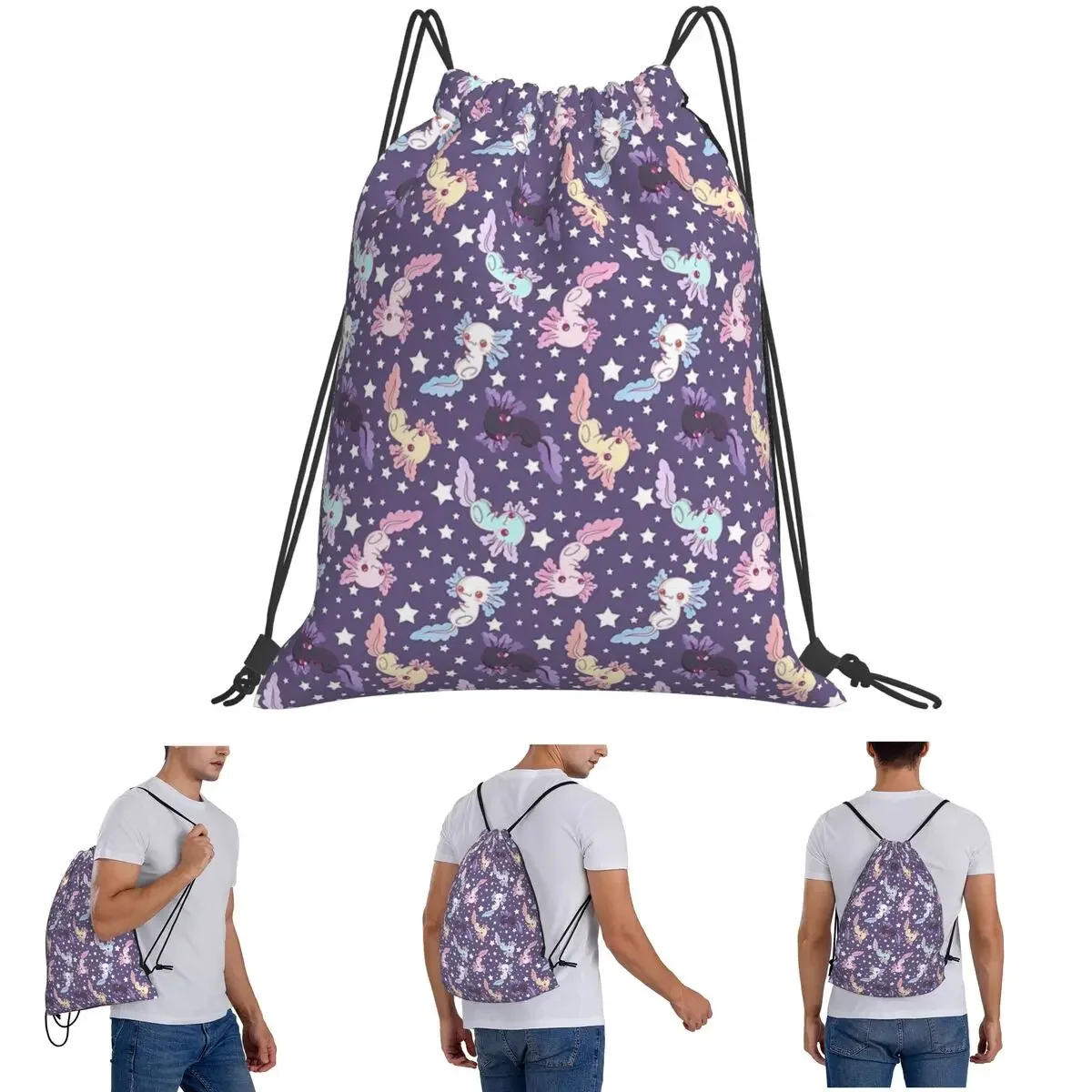 

Kawaii аксолотль узор сиреневые рюкзаки модные портативные шнурки комплект карманная спортивная сумка сумки для книг для мужчин женщин студентов