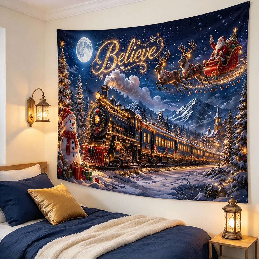 1PCS Tapestry, Christmas Night Train Santa Sleigh Snowman Believe Scene, Holiday Party Decoration for Home Studio Wall