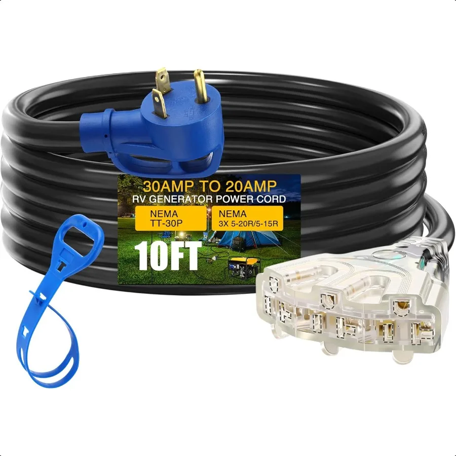 

10FT TT30P to 3X 520R 515R RV Generator Adapter 3 Prong 30A to 3X 15 20A 110V Household Outlet Distribution Adapter RV Generato