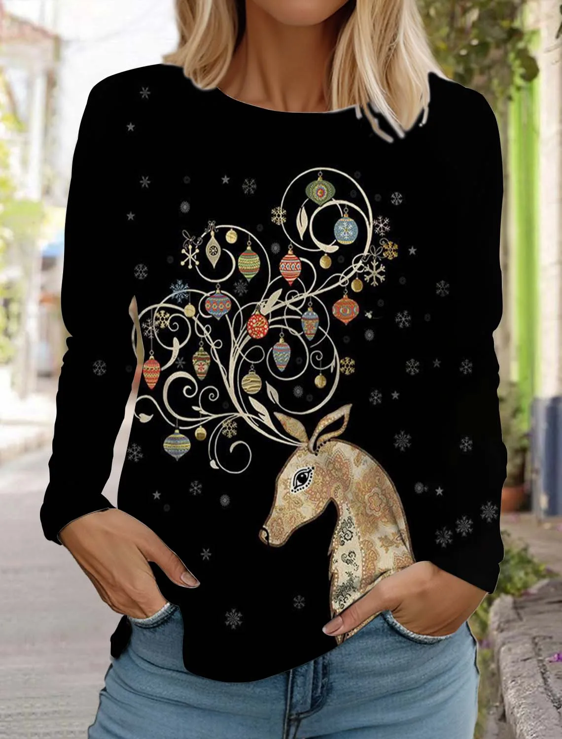 Christmas Elk Women\'s Long Sleeves T-Shirt Round Neck Long Sleeved Autumn Santa Claus Clothing Holiday Fashion Party T-Shirt