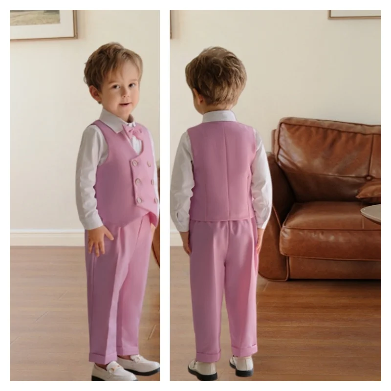 Infant Baby's Pink Birthday Photography Outfit Kids Vest Pants Bowtie Brooch 4Pieces Clothes Set Children's Wedding Party Dress