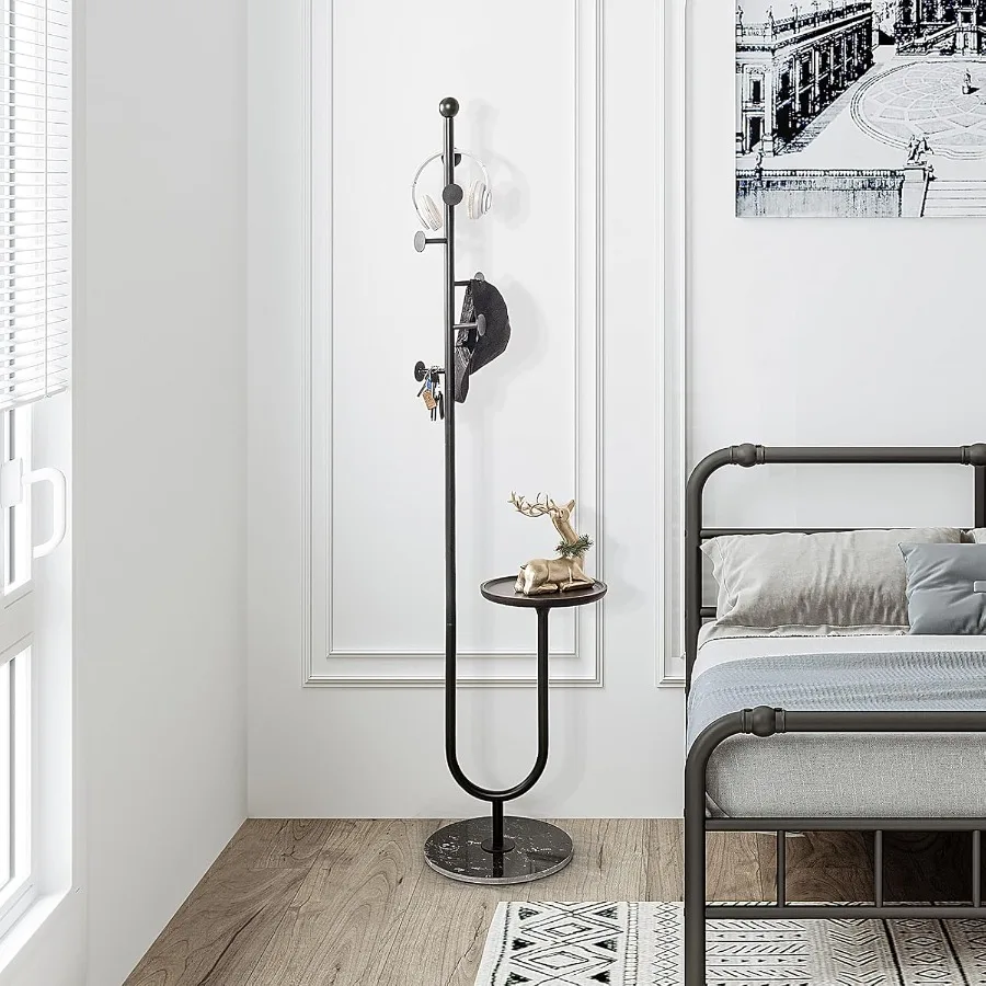 حامل معطف معدني عالي التحمل مع صينية من الخيزران و6 خطافات تتميز بقاعدة رخامية مثالية للمعيشة في مدخل غرفة النوم #3