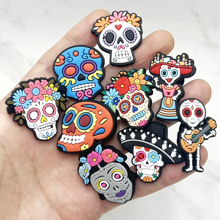 1Pcs Colorful Flower Skull PVC Shoe Charms Sandals Accessories For Wristbands Shoe Buckle Decorations Kid Gift Shoe Clips Badge