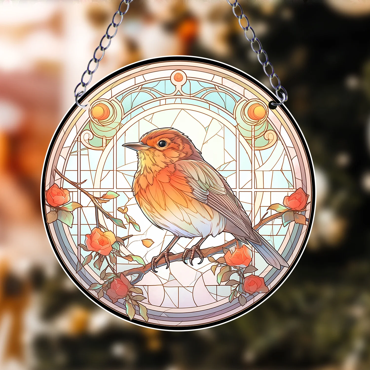 1pc Animal Series Cute Bird Suncatcher Stained Window Hanging Acrylic Round Wreath Sign Yard Garden Home Room Decoration