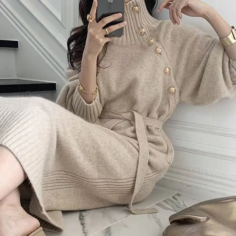 Autumn and winter pullover new style French temperament paired sweater inside long over the knee bottom knit dress women