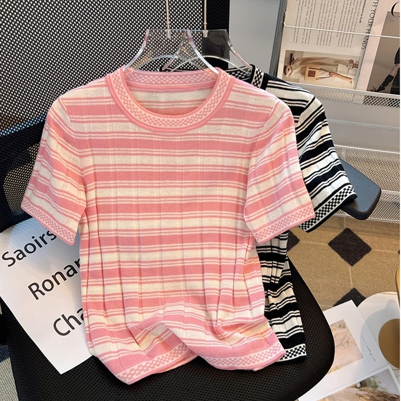 Casual Tees Women Knitting Tops Round Neck Contrast Stripe Short Sleeve Ladies Shirts Summer Sweaters Female Pullovers T-shirt