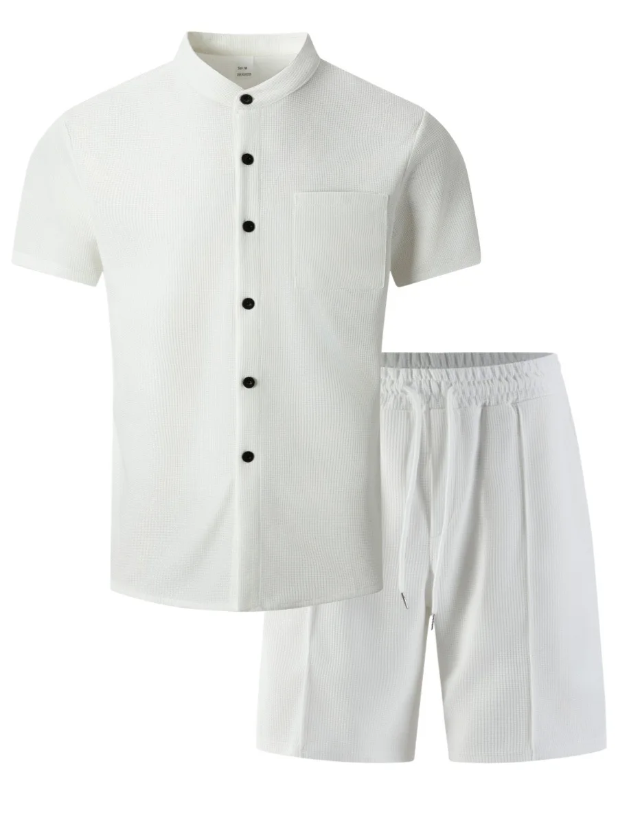 Men's new summer style waffle plain-color crew-neck t-shirt with pocket short-sleeved set with beach shorts men's casual suit