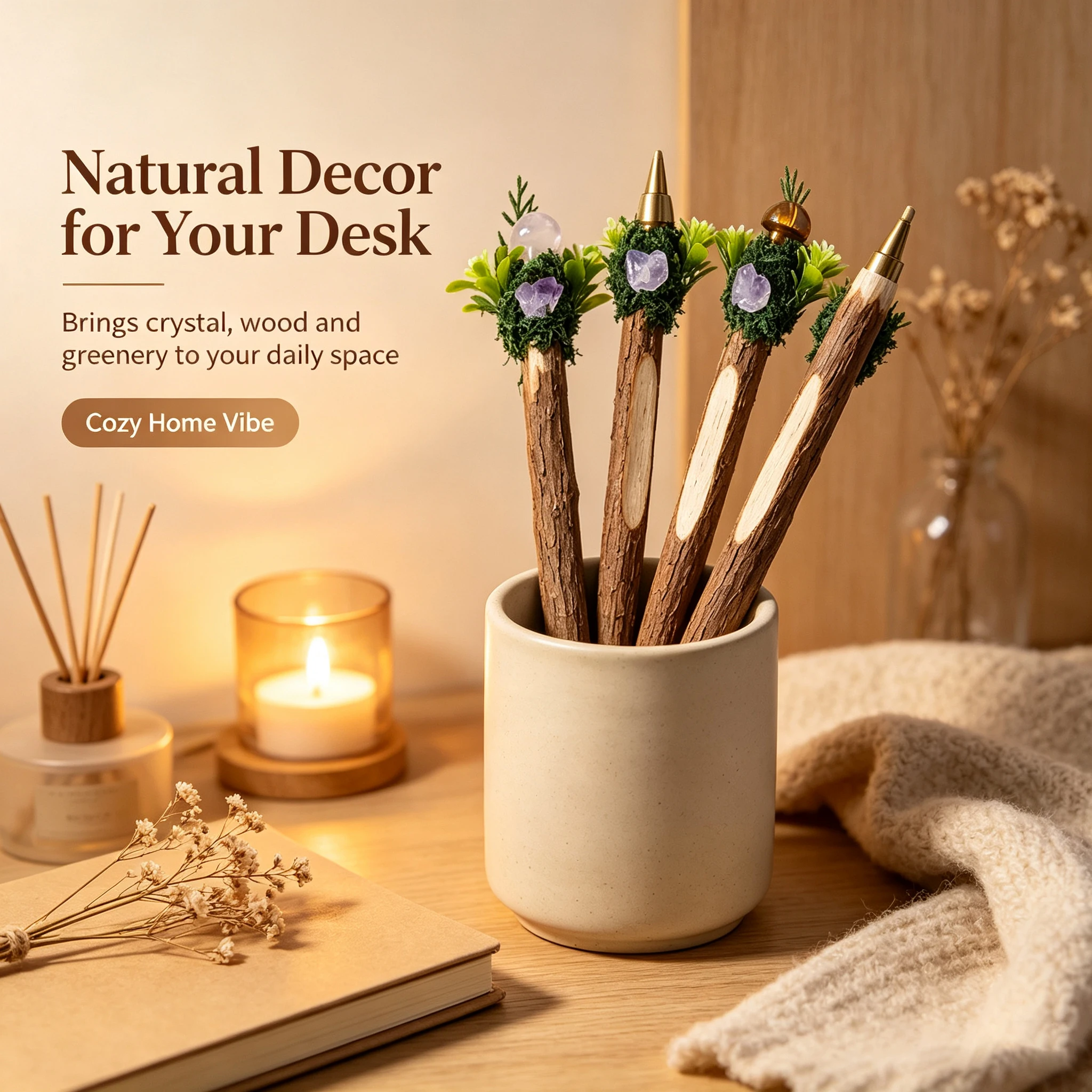 5pcs Natural Crystal Mushroom Wooden Ballpoint Pen, Crystal Craft Magic Crystal Writing Signature Pen, Holiday Gift