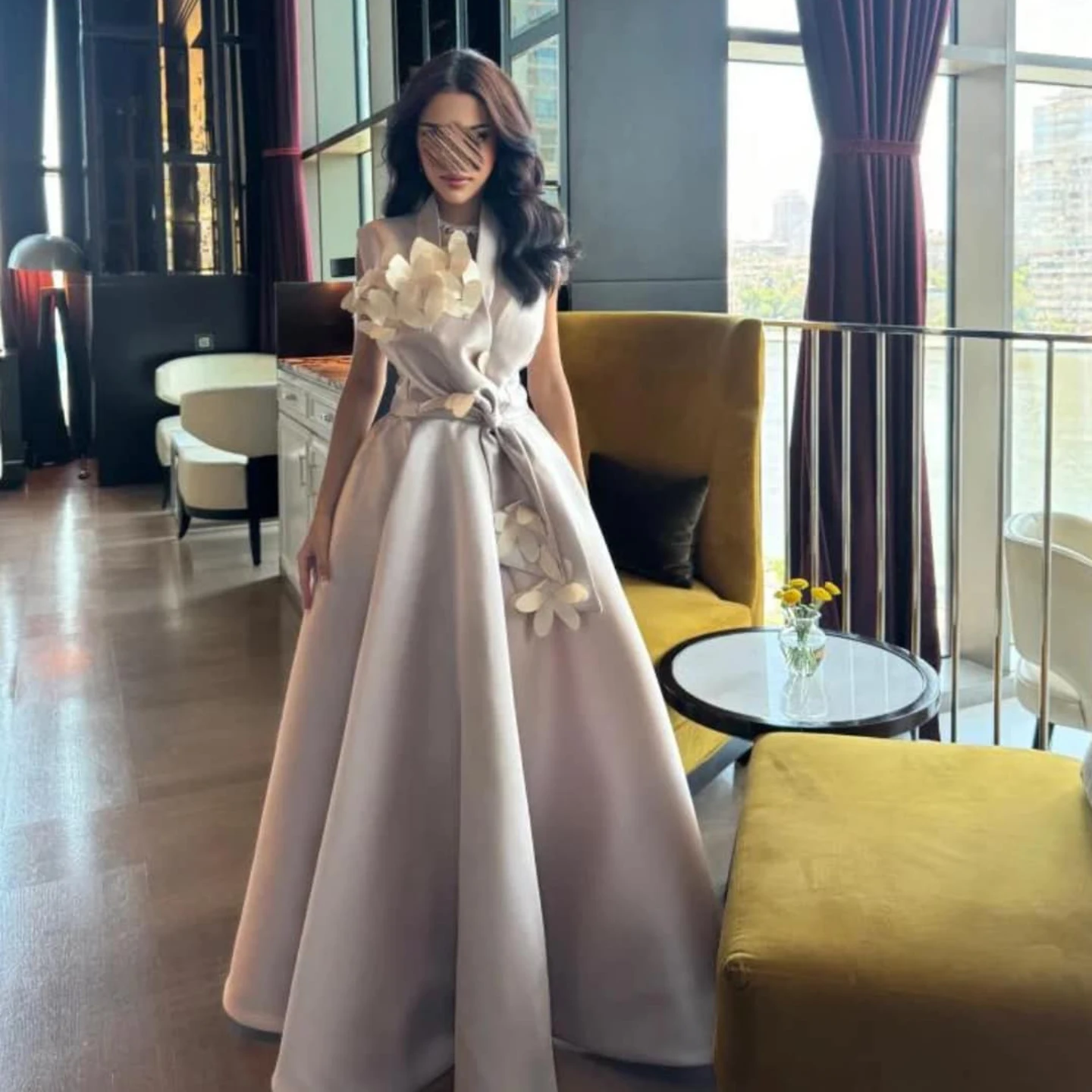 

Sharon Said V-Neck Lilac A-Line Arabic فساتين سهرة with Bow 3D Flowers Pleated Women Wedding Party Gowns SF559 Customized