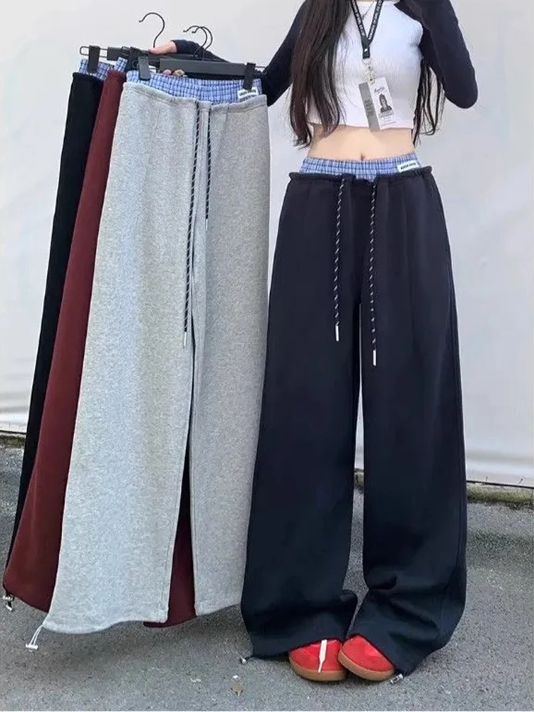 السراويل الرياضية واسعة الساق النساء الدانتيل يصل منقوشة المرقعة عالية الخصر الشارع الشهير بنطلون الخريف خمر فضفاض عادية مستقيم Sweatpants