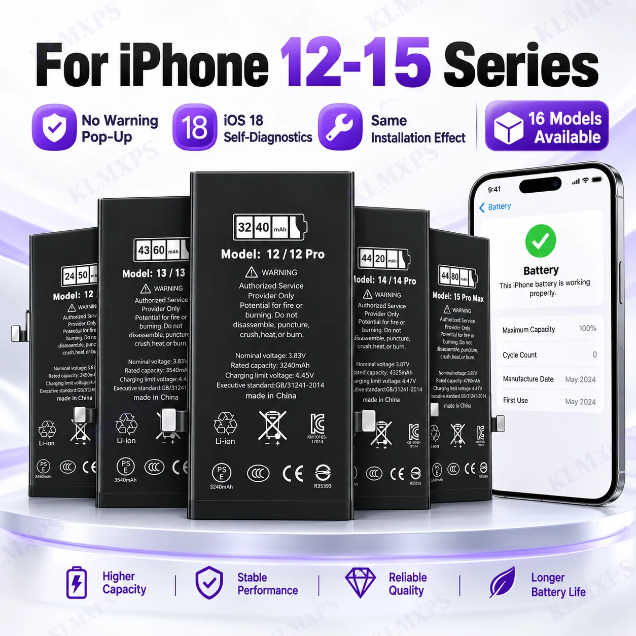 High Capacity Battery for iPhone 12 13 14 15 Pro Max Replacement Battery No Warning Pop Up iOS 18 Diagnostic Compatible