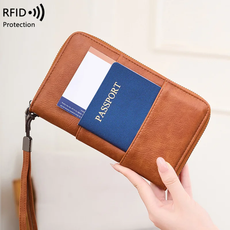 Western RFID Blocking PU Leather Passport Wallet Large Capacity Long Zipper Design Multi-function Purse for Mens
