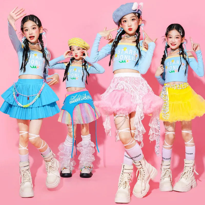 

Детский комплект для девочек: укороченный топ в стиле хип-хоп, юбка-пачка, уличная одежда K-pop, костюм для джазовых танцев, одежда для танцевальных групп, подростковые комплекты для уличных танцев