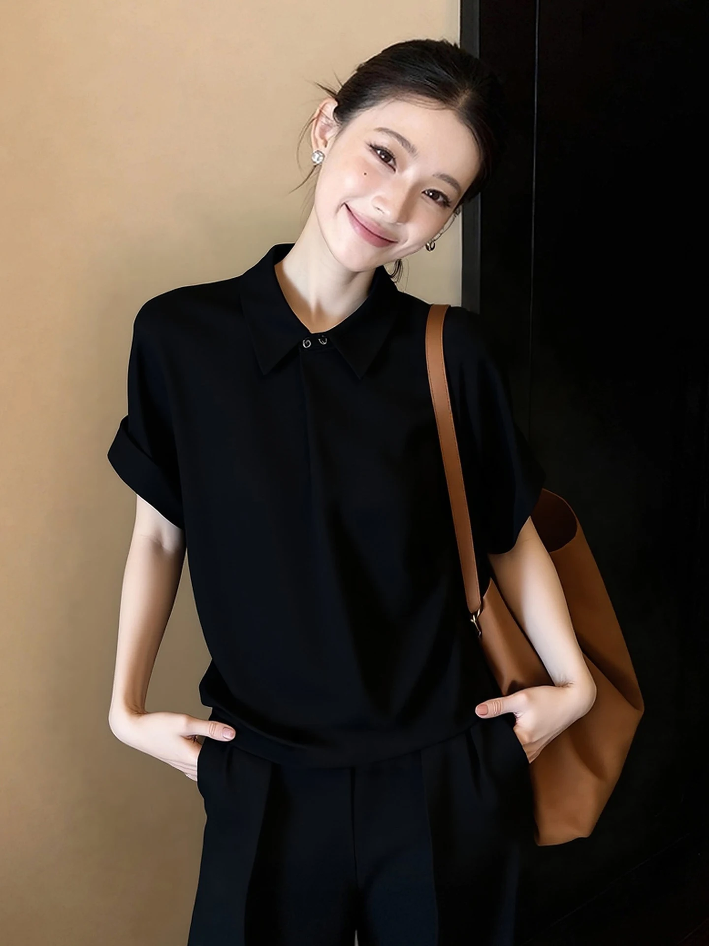 

Slimming Pure Color Loose ort Sve Commute irt Women's Faion Spring New Sle Korean Version Straight Cut Silk Top