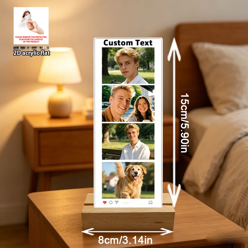 Personalized Film Strip Photo Acrylic Stand With Wood Base, Custom 4 Pictures & Text Desk Ornament, Unique Memory Keepsake Gift - view 4