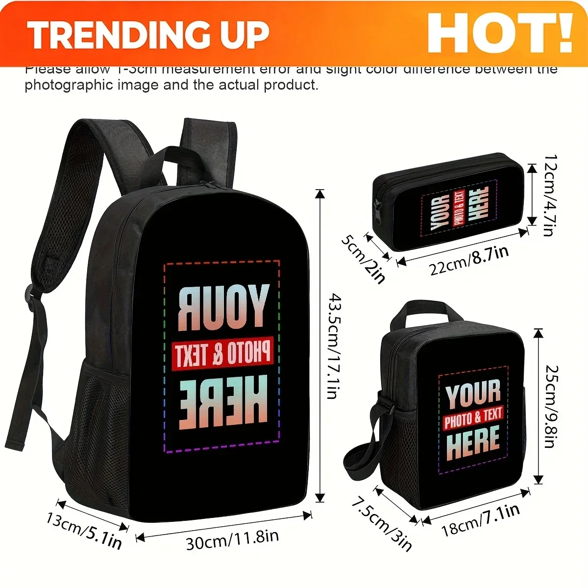 Custom 3pcs Set Customizable Unisex Casual Backpack With Personalized Photos/text/logo, Large Capacity Backpack With Lunch Box