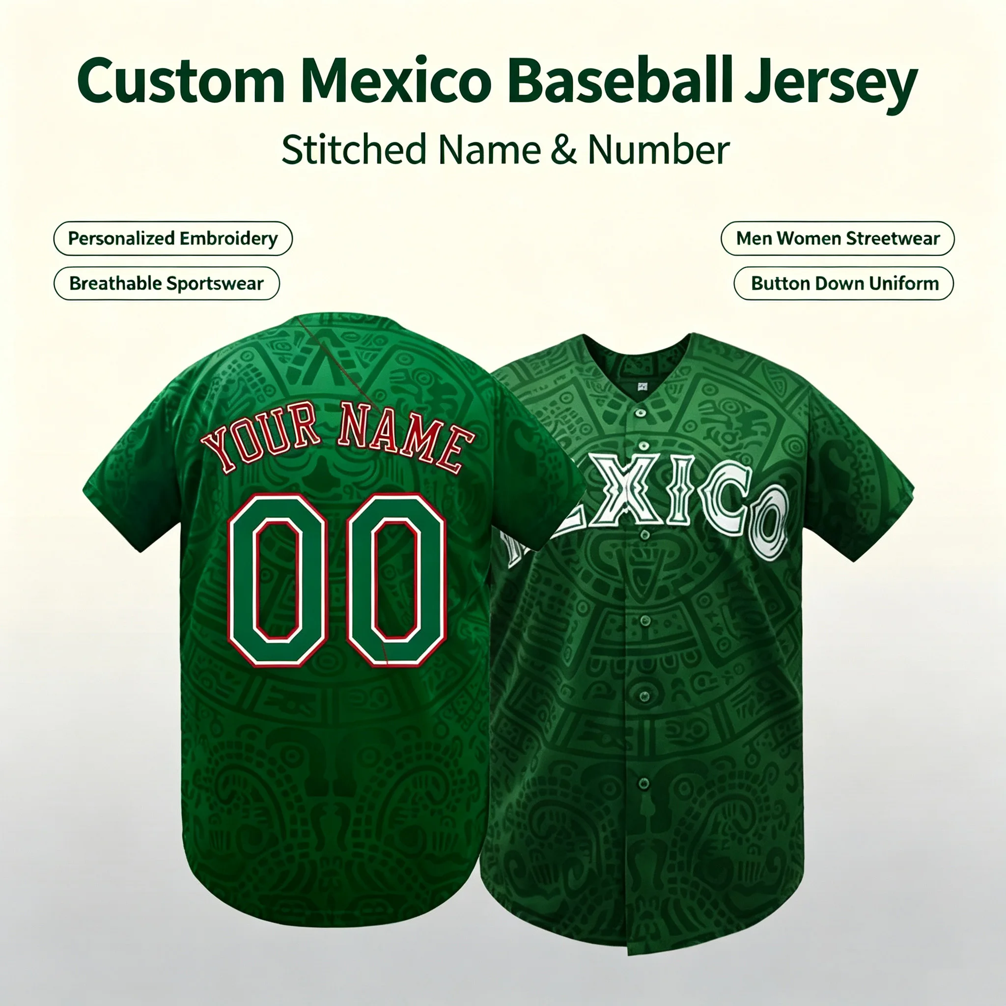 Custom Embroidered Mexico Baseball Jersey Aztec Tribal Personalized Name Number Stitched Sports Uniform Men Women Fan Gift