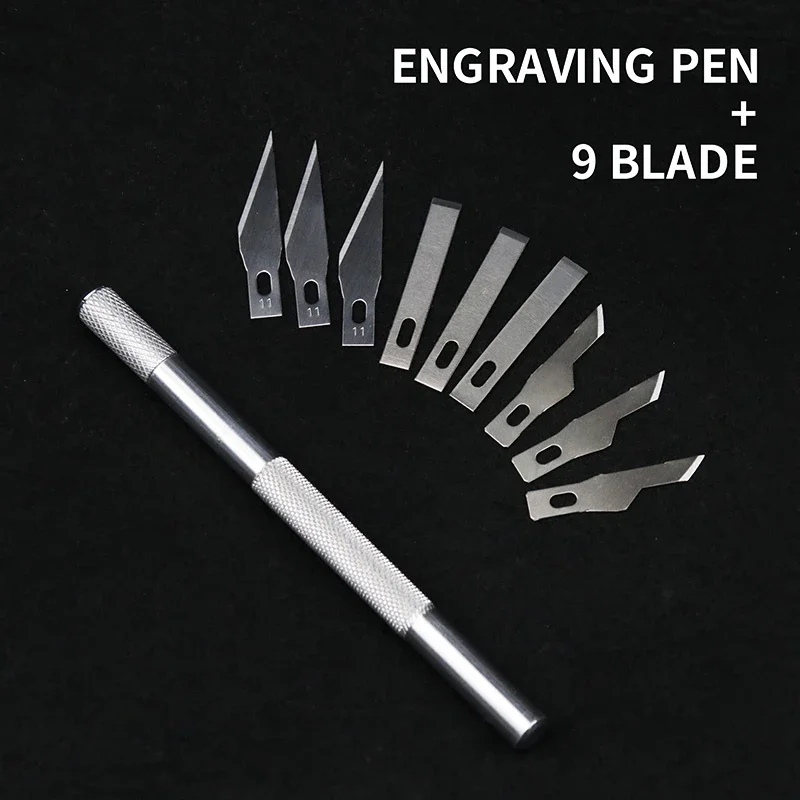 Dropshipping Metalen Handvat Scalpel 9 Blades Mes Hout Papier Cutter Craft Pen Messen Graveren Mes Diy Reparatie Handgereedschap