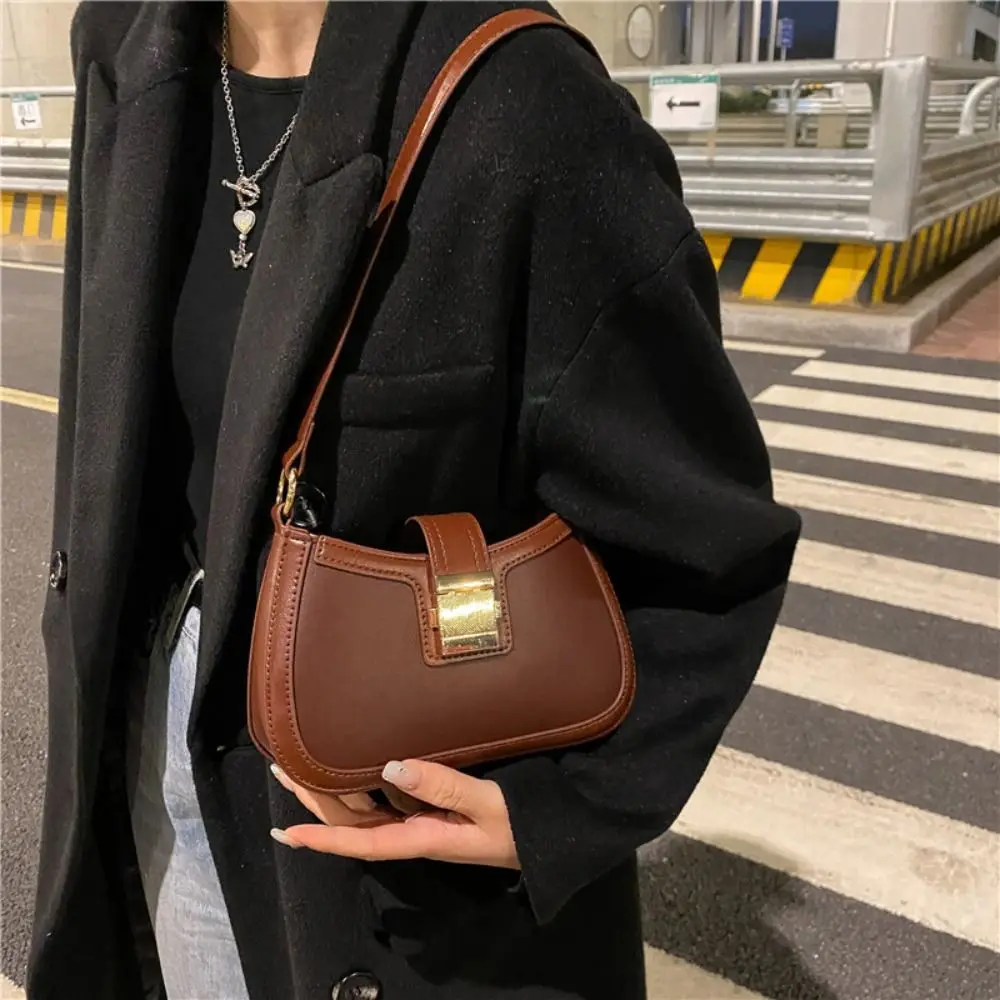 Ladies Trendy Vintage Underarm Bag Solid Color PU Leather Shoulder Bags Fashion Simple Handbag Female Purse